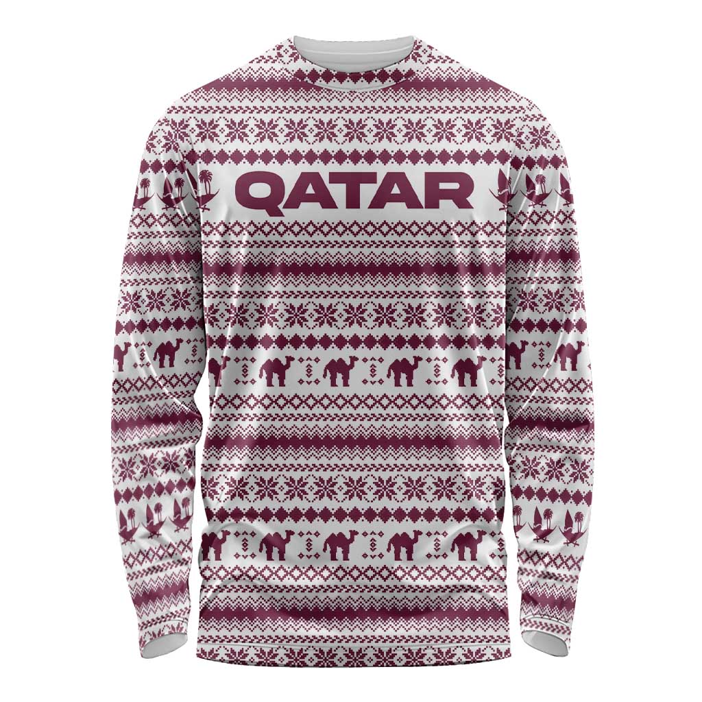 Qatar Christmas Long Sleeve Shirt with Maroon-White Pattern, National Emblem, and Camel Motif - Wonder Print Shop