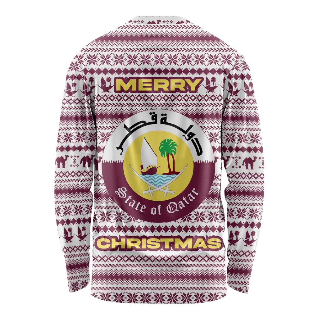 Qatar Christmas Long Sleeve Shirt with Maroon-White Pattern, National Emblem, and Camel Motif - Wonder Print Shop