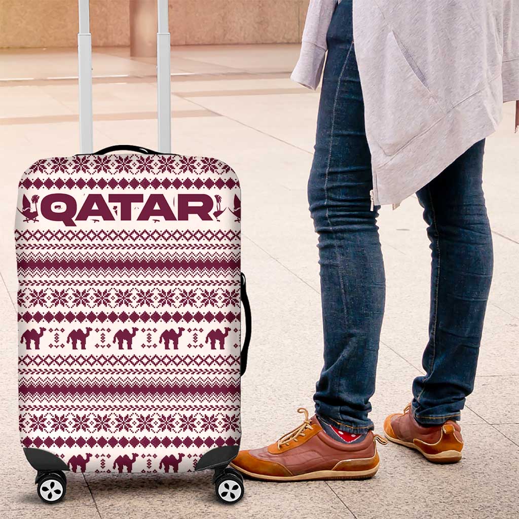 Qatar Christmas Luggage Cover with Maroon-White Pattern, National Emblem, and Camel Motif - Wonder Print Shop