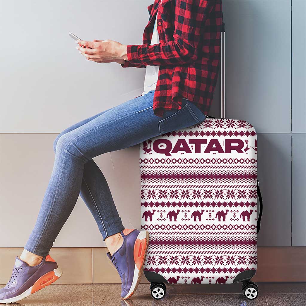 Qatar Christmas Luggage Cover with Maroon-White Pattern, National Emblem, and Camel Motif - Wonder Print Shop