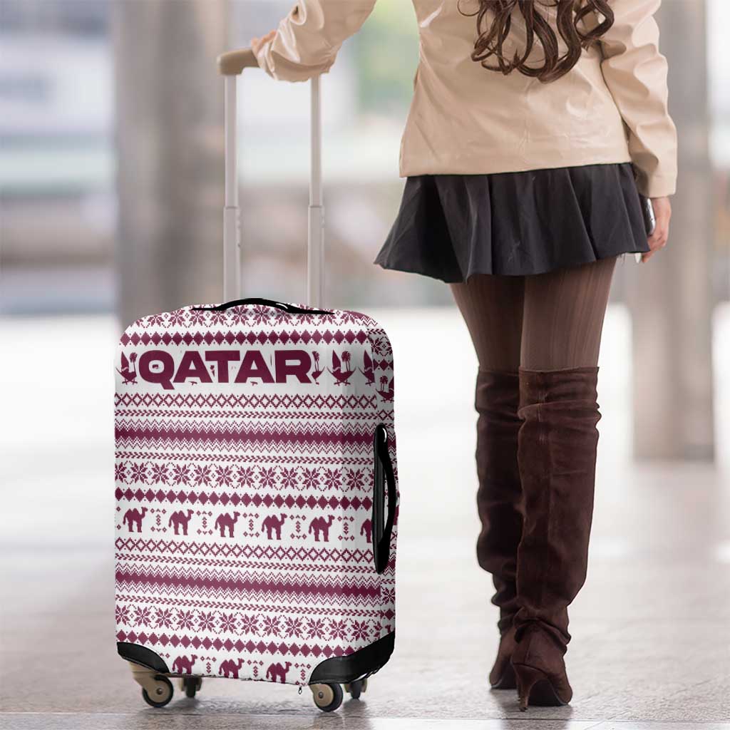 Qatar Christmas Luggage Cover with Maroon-White Pattern, National Emblem, and Camel Motif - Wonder Print Shop