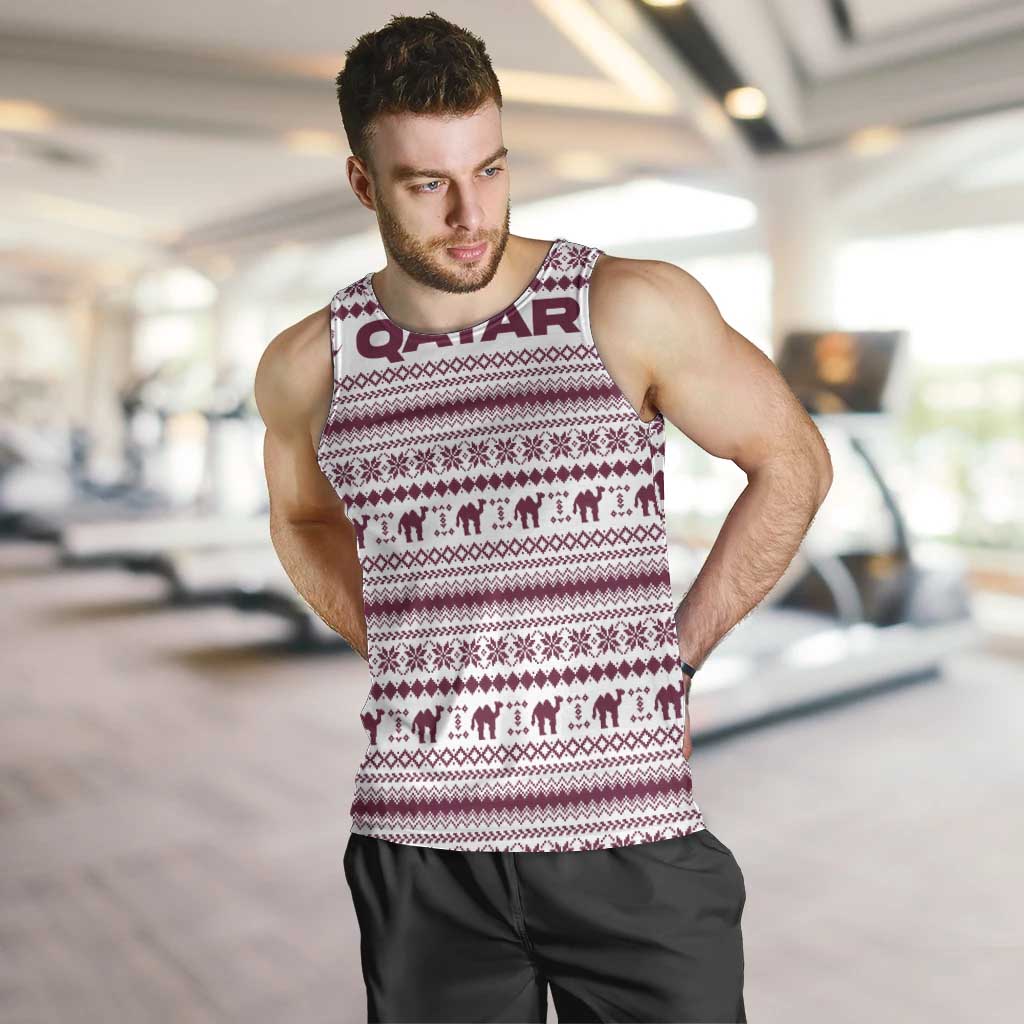 Qatar Christmas Men Tank Top with Maroon-White Pattern, National Emblem, and Camel Motif - Wonder Print Shop