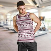 Qatar Christmas Men Tank Top with Maroon-White Pattern, National Emblem, and Camel Motif - Wonder Print Shop