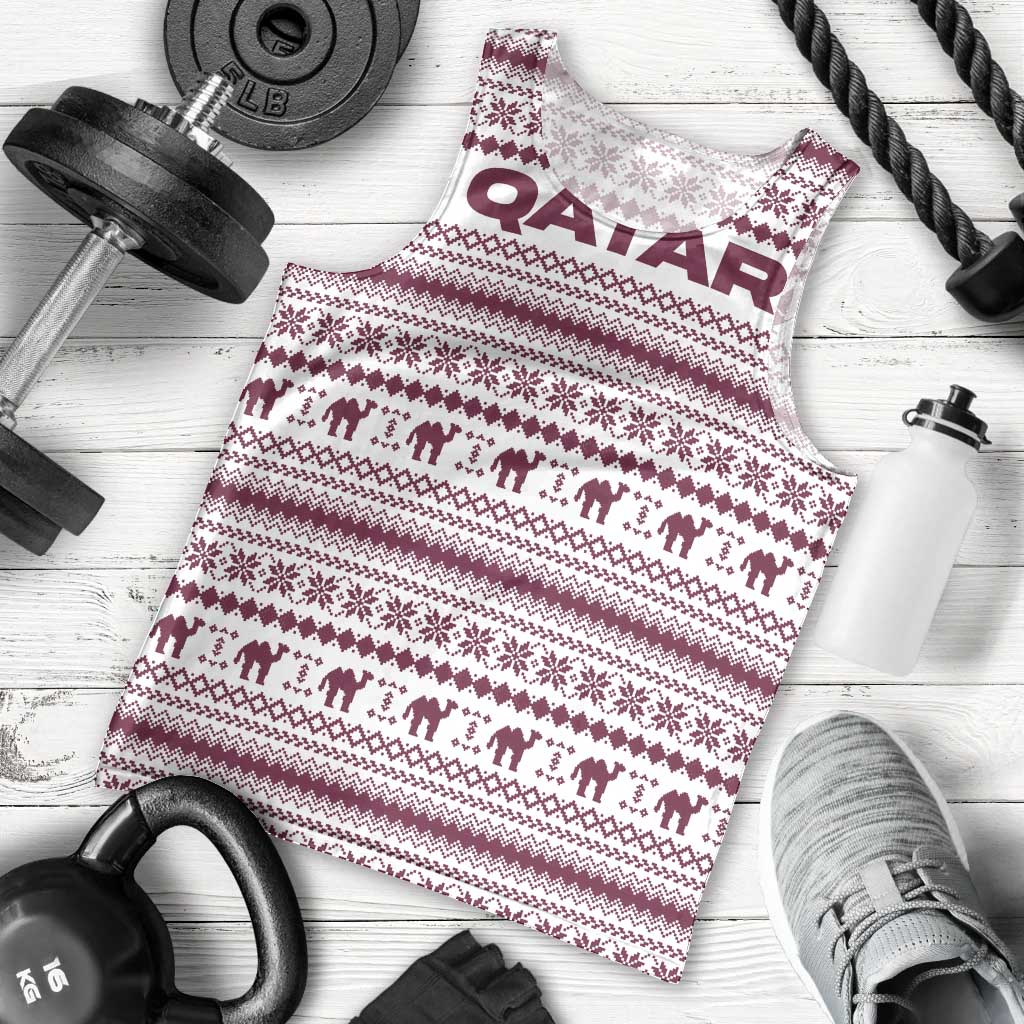 Qatar Christmas Men Tank Top with Maroon-White Pattern, National Emblem, and Camel Motif - Wonder Print Shop
