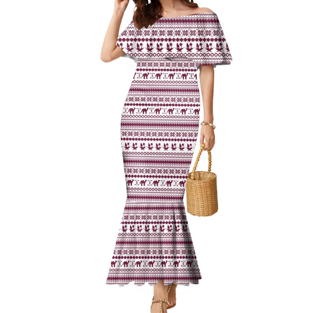 Qatar Christmas Mermaid Dress with Maroon-White Pattern, National Emblem, and Camel Motif - Wonder Print Shop