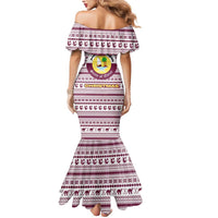 Qatar Christmas Mermaid Dress with Maroon-White Pattern, National Emblem, and Camel Motif - Wonder Print Shop