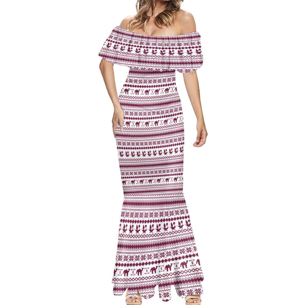Qatar Christmas Mermaid Dress with Maroon-White Pattern, National Emblem, and Camel Motif - Wonder Print Shop