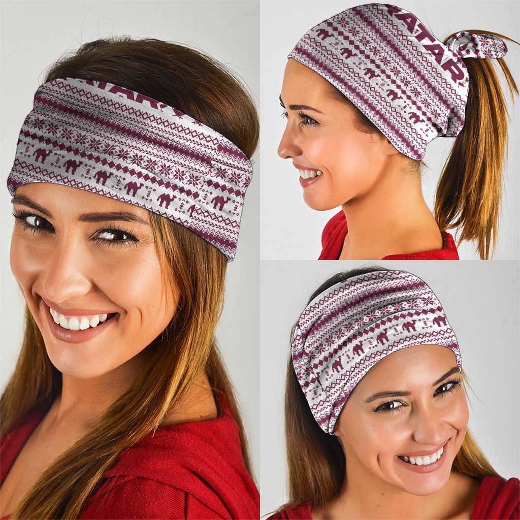 Qatar Christmas Neck Gaiter with Maroon-White Pattern, National Emblem, and Camel Motif - Wonder Print Shop
