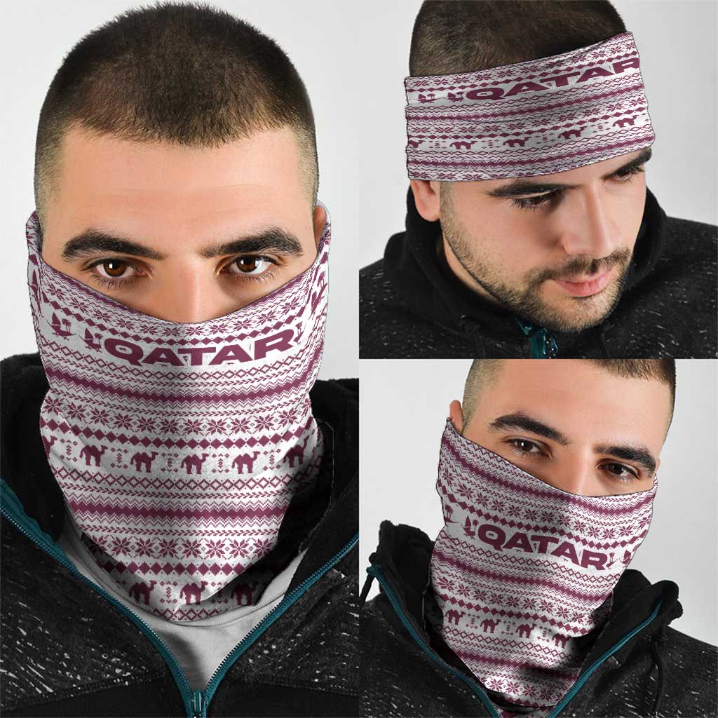 Qatar Christmas Neck Gaiter with Maroon-White Pattern, National Emblem, and Camel Motif - Wonder Print Shop