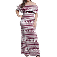 Qatar Christmas Off Shoulder Maxi Dress with Maroon-White Pattern, National Emblem, and Camel Motif - Wonder Print Shop