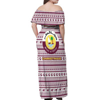 Qatar Christmas Off Shoulder Maxi Dress with Maroon-White Pattern, National Emblem, and Camel Motif - Wonder Print Shop