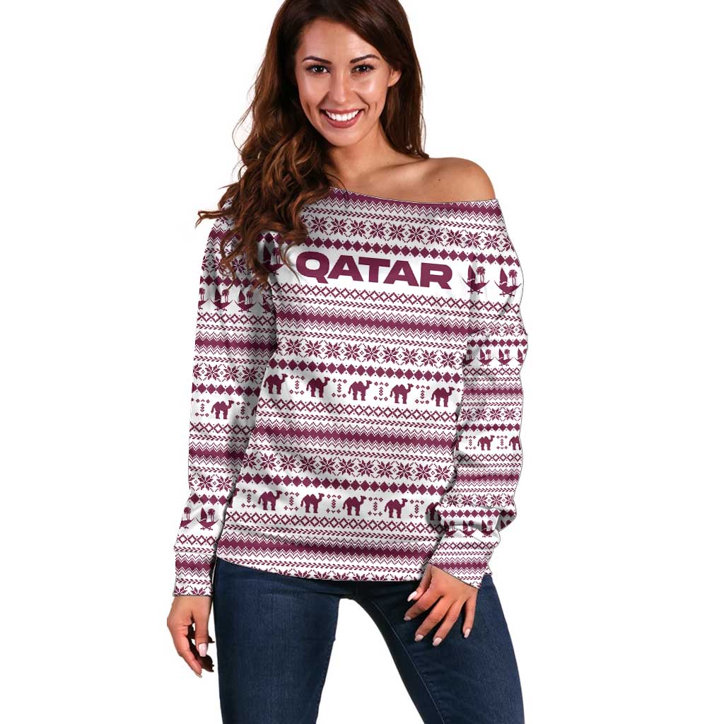 Qatar Christmas Off Shoulder Sweater with Maroon-White Pattern, National Emblem, and Camel Motif - Wonder Print Shop