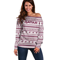 Qatar Christmas Off Shoulder Sweater with Maroon-White Pattern, National Emblem, and Camel Motif - Wonder Print Shop