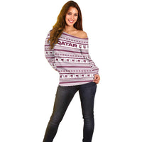 Qatar Christmas Off Shoulder Sweater with Maroon-White Pattern, National Emblem, and Camel Motif - Wonder Print Shop