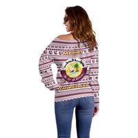 Qatar Christmas Off Shoulder Sweater with Maroon-White Pattern, National Emblem, and Camel Motif - Wonder Print Shop