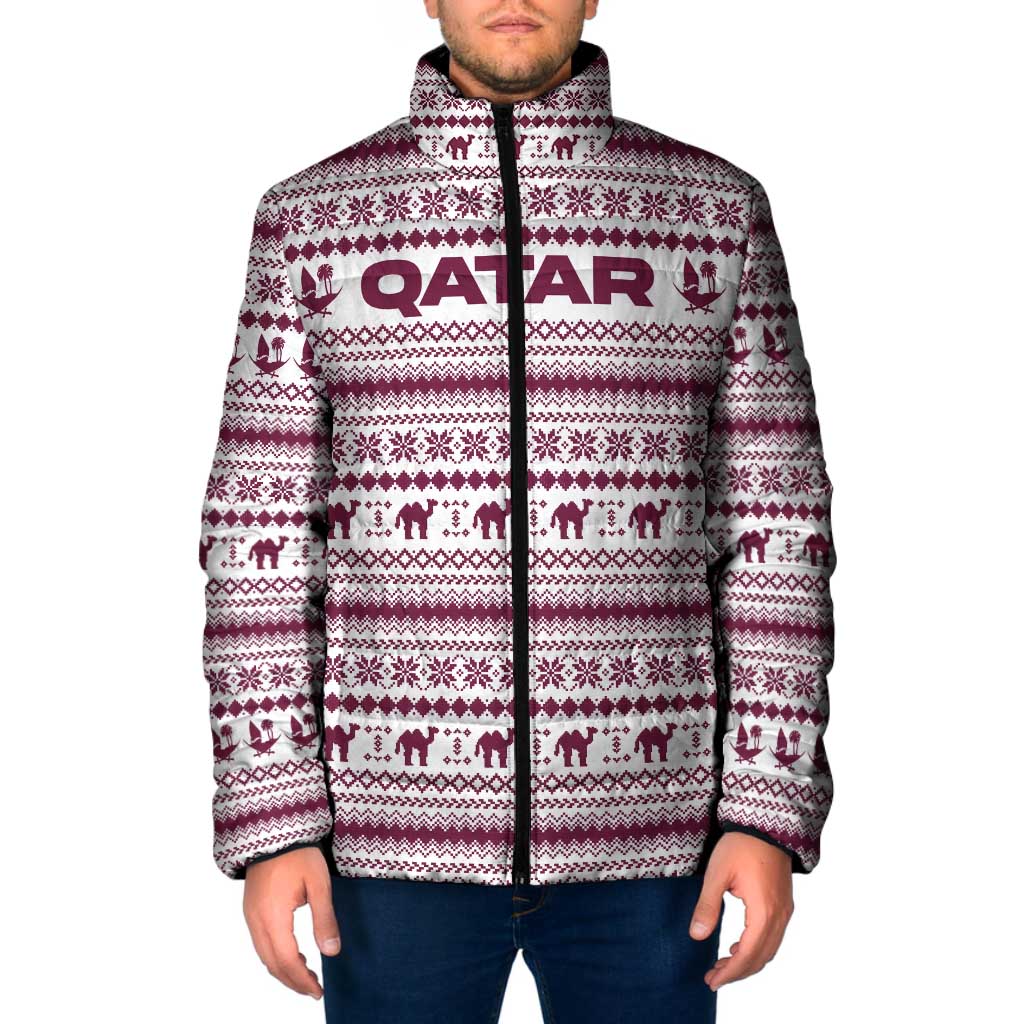 Qatar Christmas Padded Jacket with Maroon-White Pattern, National Emblem, and Camel Motif - Wonder Print Shop