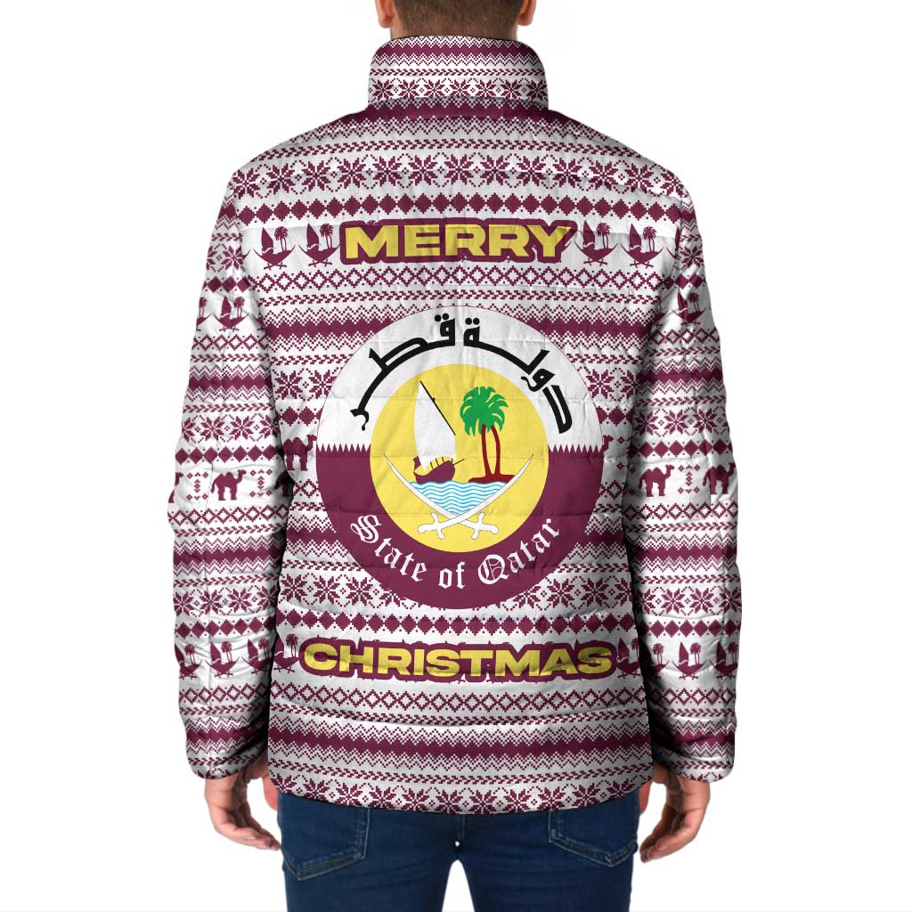 Qatar Christmas Padded Jacket with Maroon-White Pattern, National Emblem, and Camel Motif - Wonder Print Shop