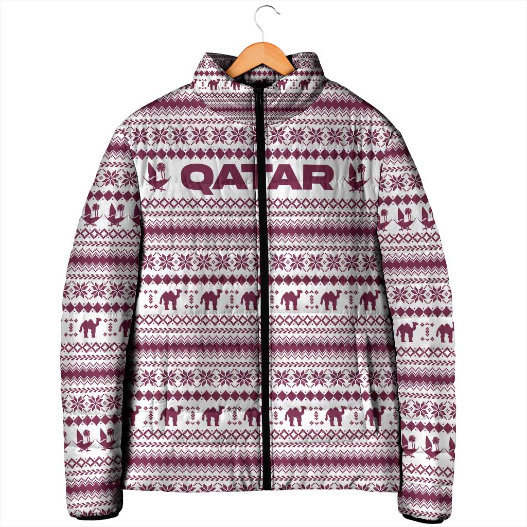 Qatar Christmas Padded Jacket with Maroon-White Pattern, National Emblem, and Camel Motif - Wonder Print Shop