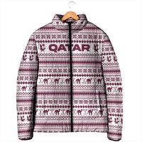 Qatar Christmas Padded Jacket with Maroon-White Pattern, National Emblem, and Camel Motif - Wonder Print Shop
