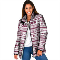 Qatar Christmas Padded Jacket with Maroon-White Pattern, National Emblem, and Camel Motif - Wonder Print Shop