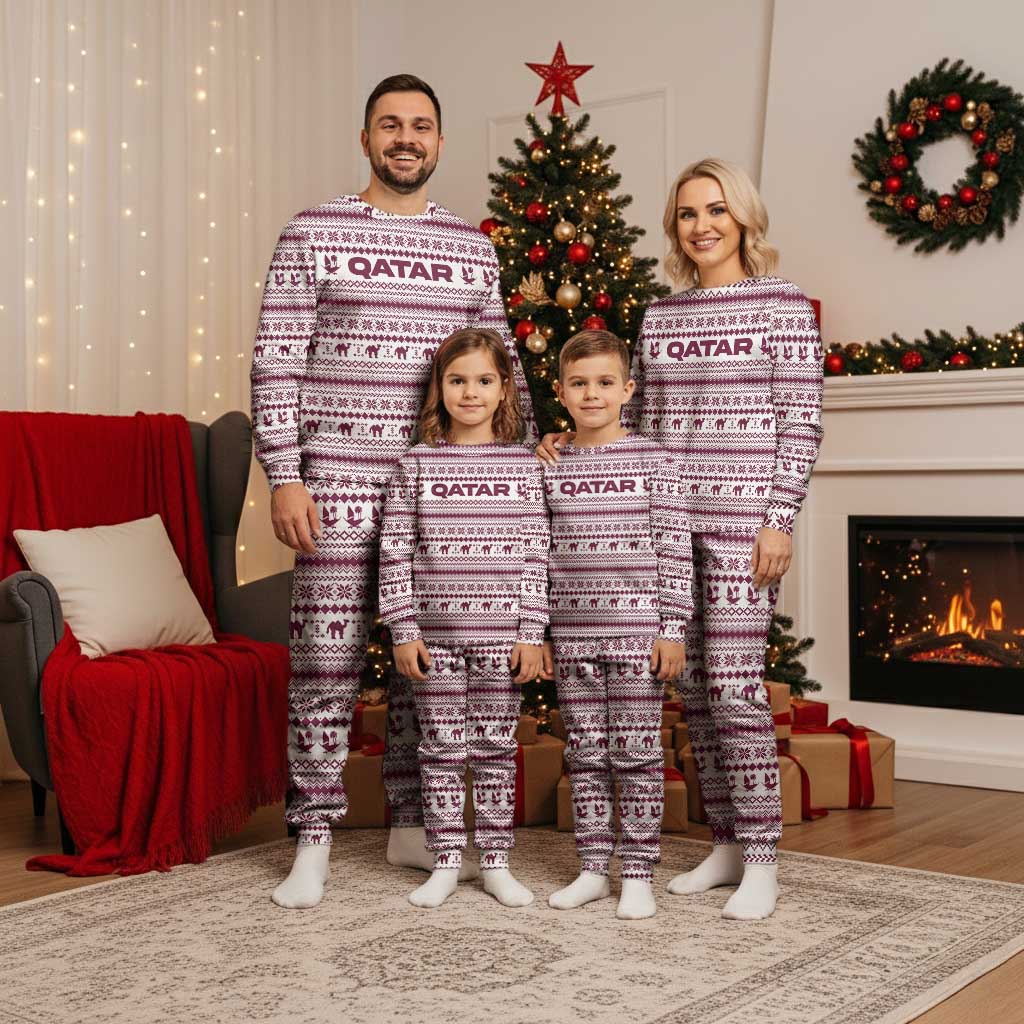 Qatar Christmas Pajama Set with Maroon-White Pattern, National Emblem, and Camel Motif - Wonder Print Shop