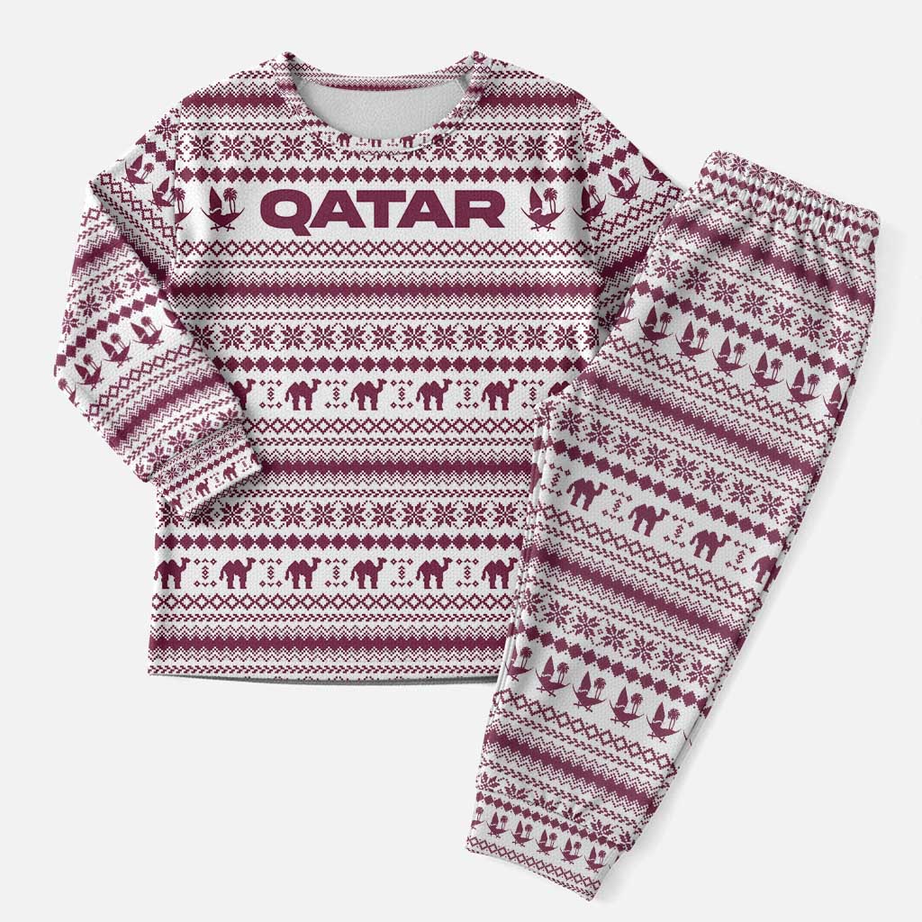 Qatar Christmas Pajama Set with Maroon-White Pattern, National Emblem, and Camel Motif - Wonder Print Shop