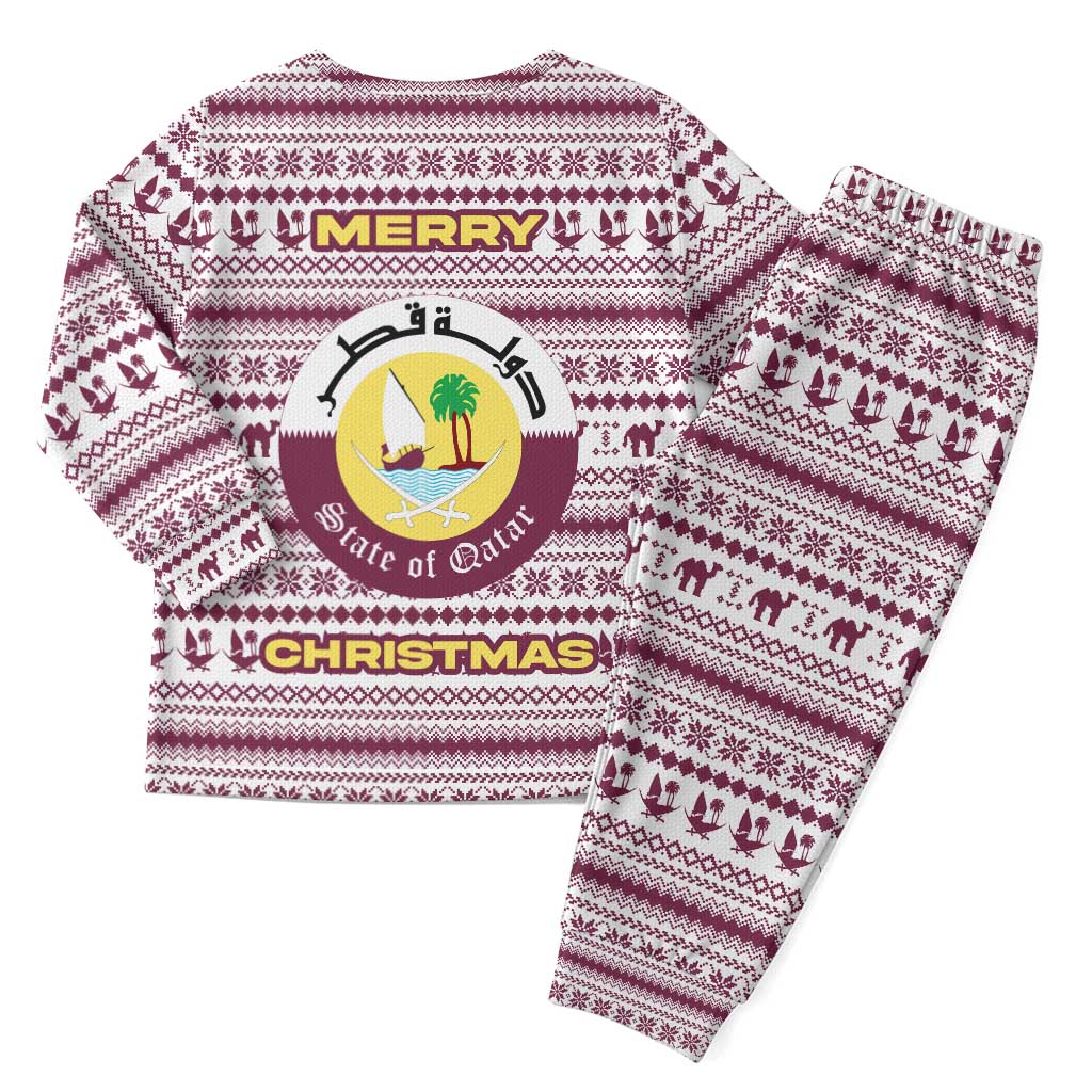 Qatar Christmas Pajama Set with Maroon-White Pattern, National Emblem, and Camel Motif - Wonder Print Shop