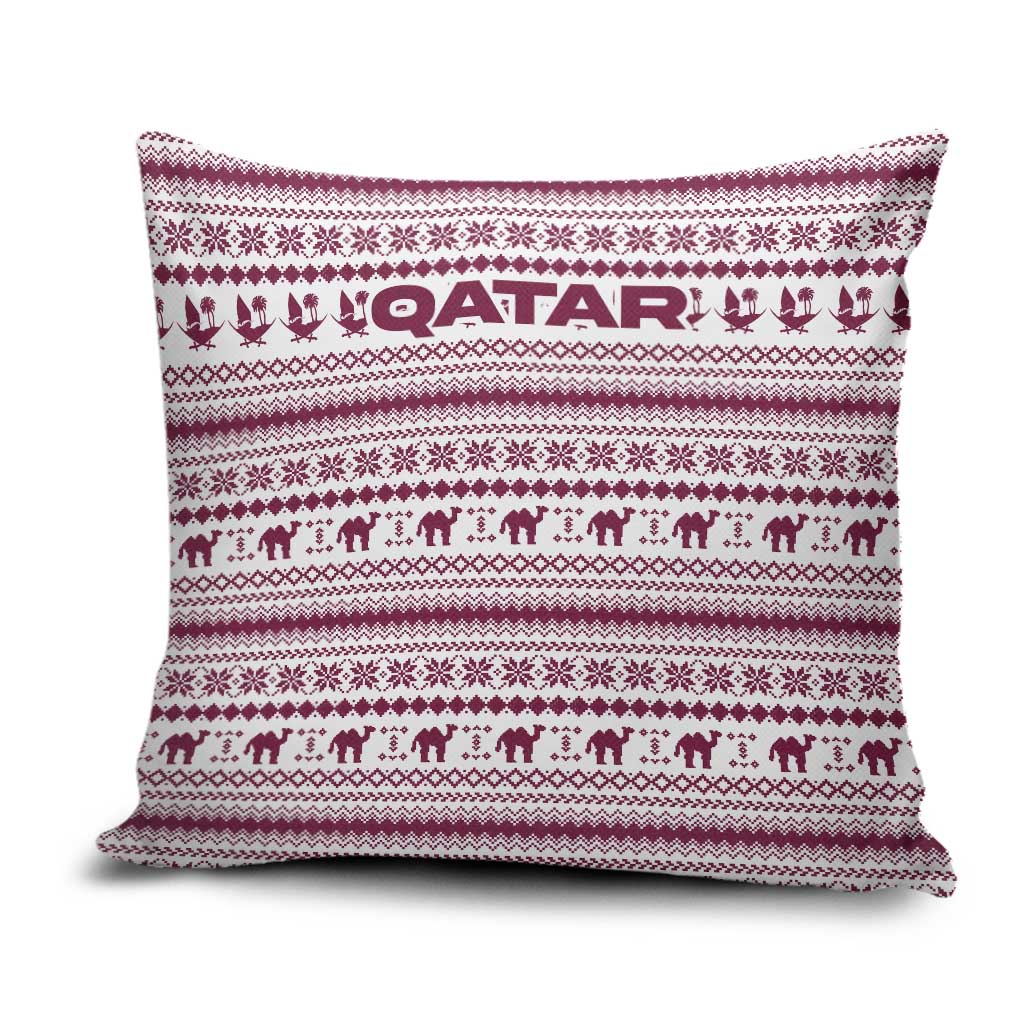 Qatar Christmas Pillow Cover with Maroon-White Pattern, National Emblem, and Camel Motif - Wonder Print Shop