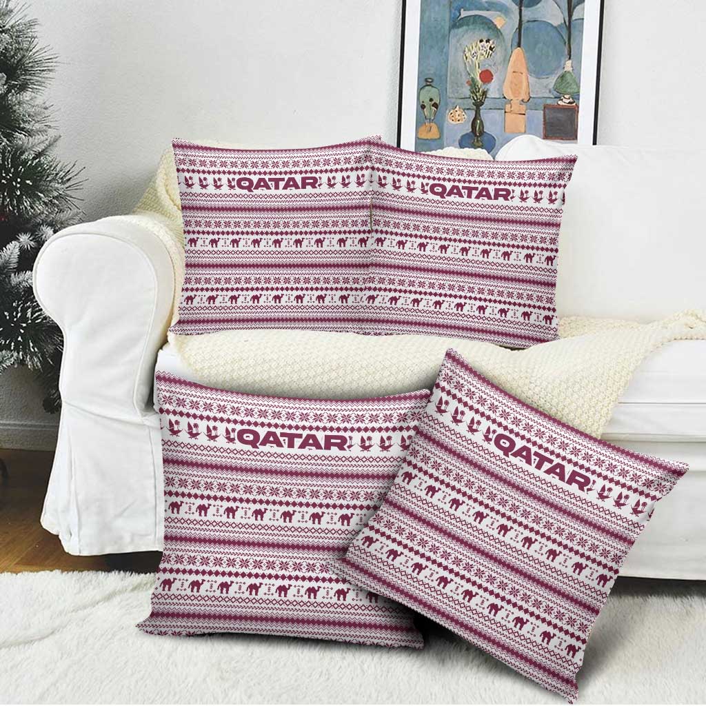Qatar Christmas Pillow Cover with Maroon-White Pattern, National Emblem, and Camel Motif - Wonder Print Shop