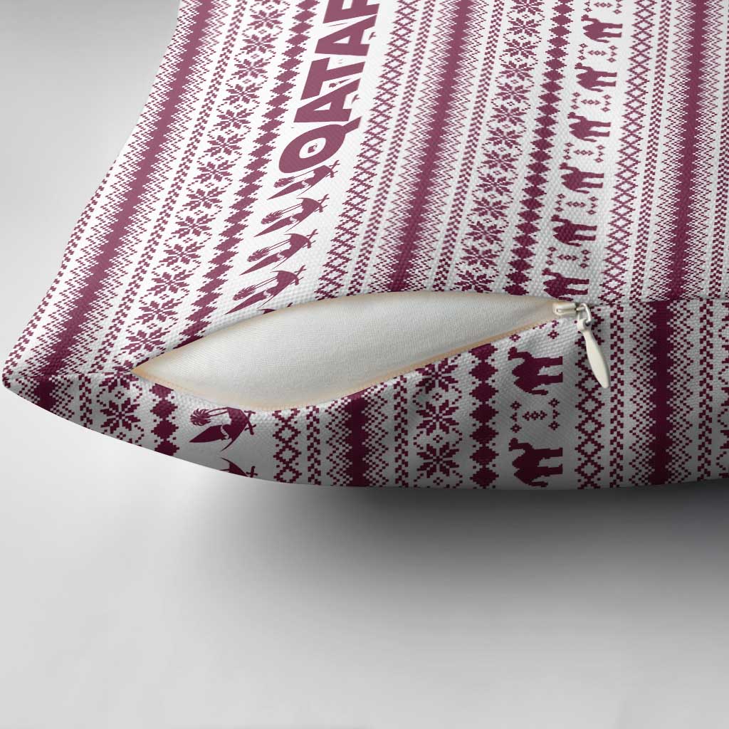 Qatar Christmas Pillow Cover with Maroon-White Pattern, National Emblem, and Camel Motif - Wonder Print Shop