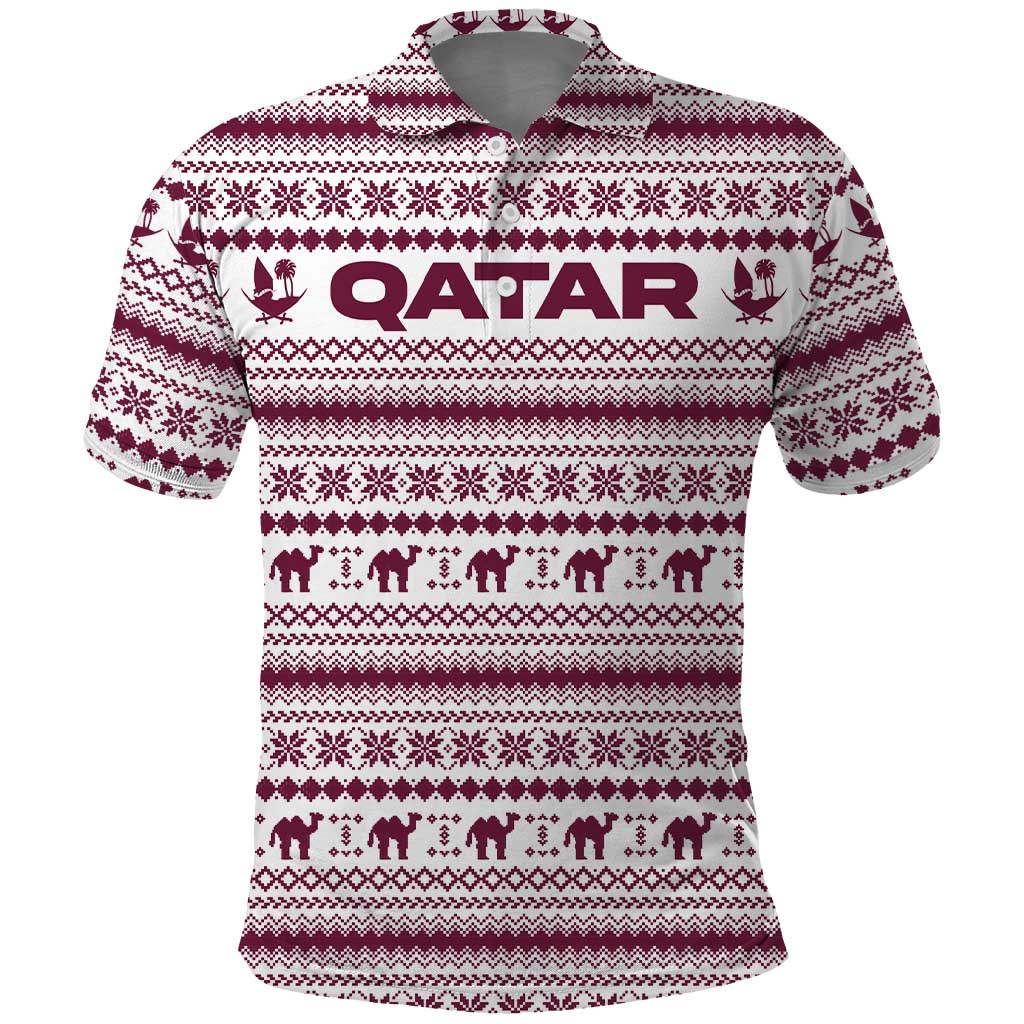 Qatar Christmas Polo Shirt with Maroon-White Pattern, National Emblem, and Camel Motif - Wonder Print Shop