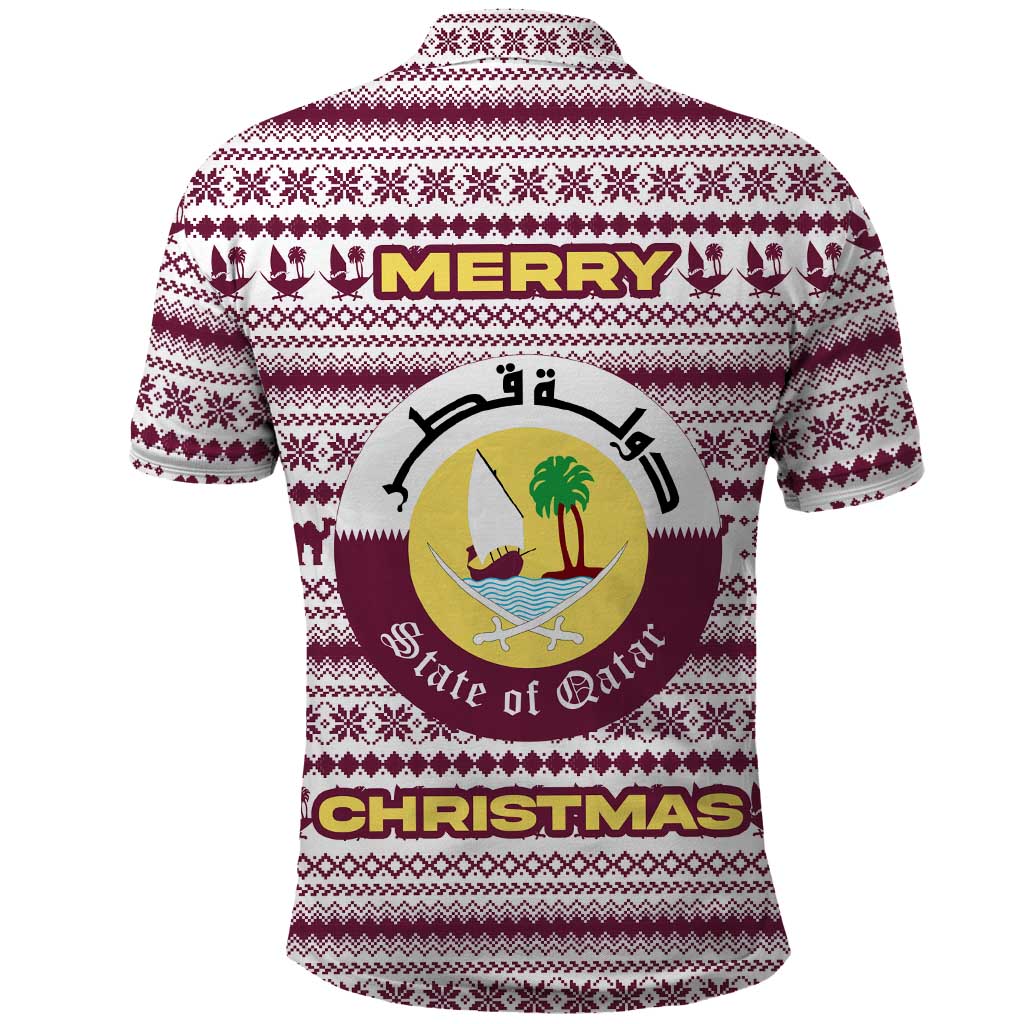 Qatar Christmas Polo Shirt with Maroon-White Pattern, National Emblem, and Camel Motif - Wonder Print Shop