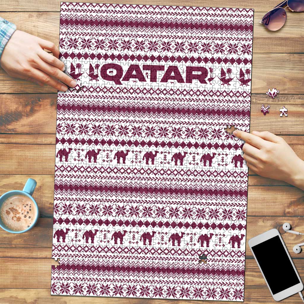 Qatar Christmas Puzzle with Maroon-White Pattern, National Emblem, and Camel Motif - Wonder Print Shop
