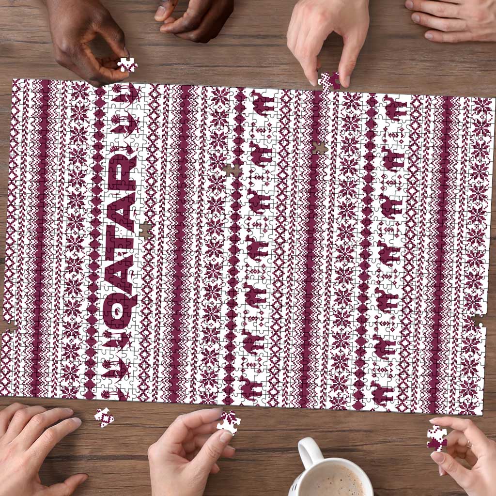 Qatar Christmas Puzzle with Maroon-White Pattern, National Emblem, and Camel Motif - Wonder Print Shop
