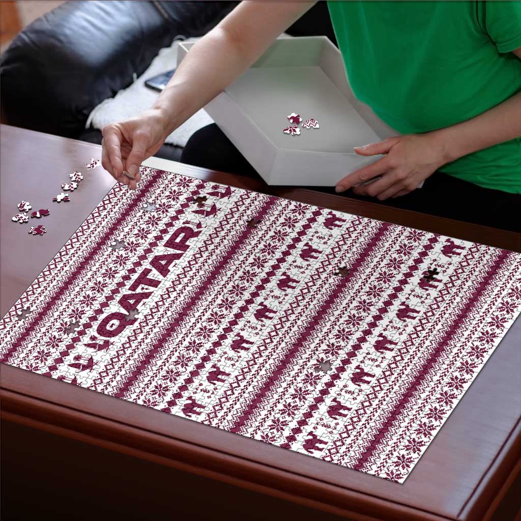 Qatar Christmas Puzzle with Maroon-White Pattern, National Emblem, and Camel Motif - Wonder Print Shop