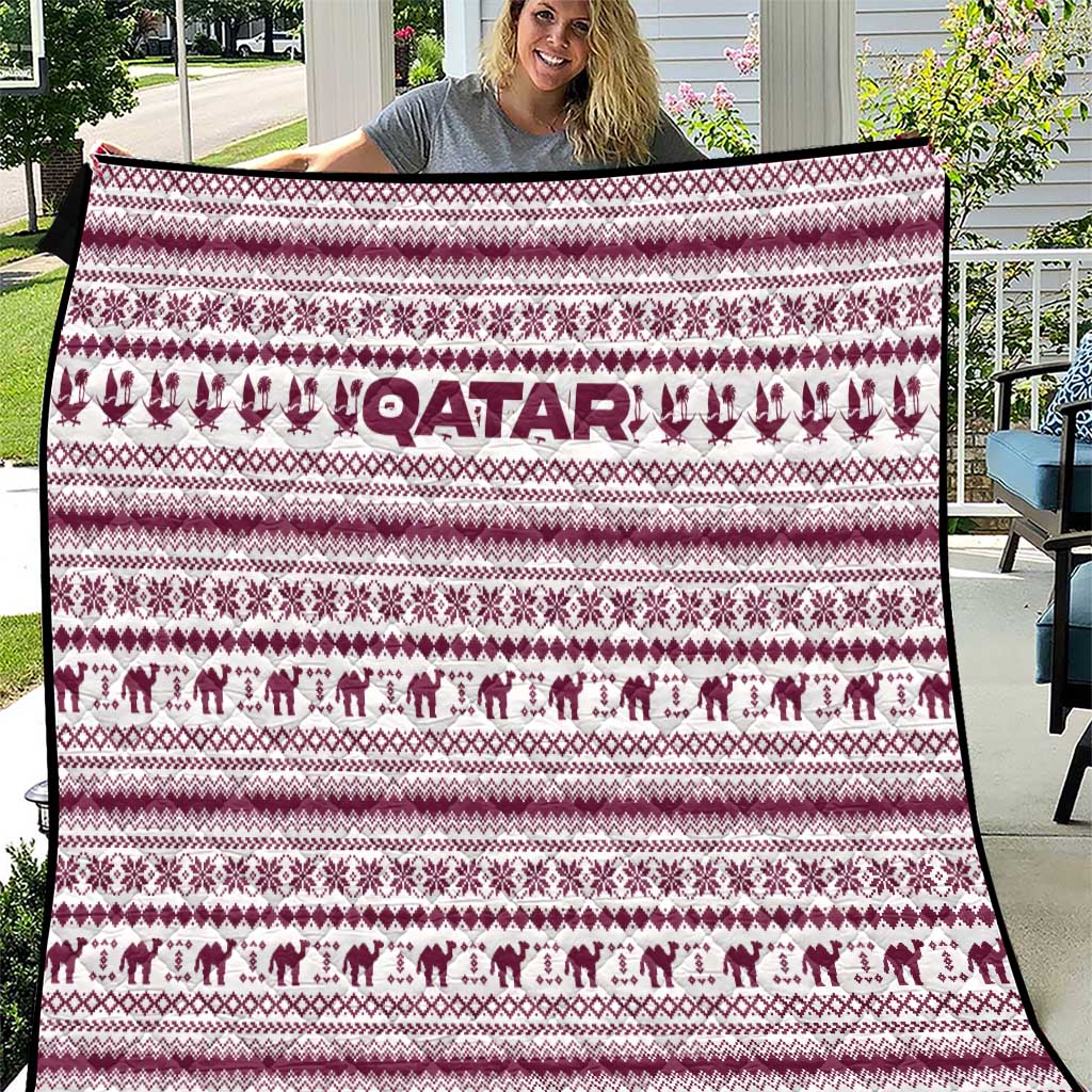 Qatar Christmas Quilt with Maroon-White Pattern, National Emblem, and Camel Motif - Wonder Print Shop