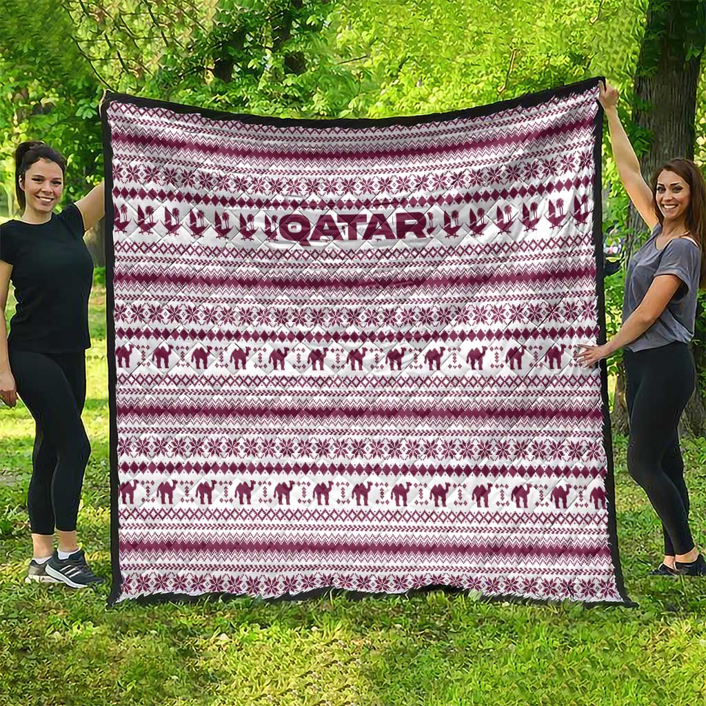 Qatar Christmas Quilt with Maroon-White Pattern, National Emblem, and Camel Motif - Wonder Print Shop