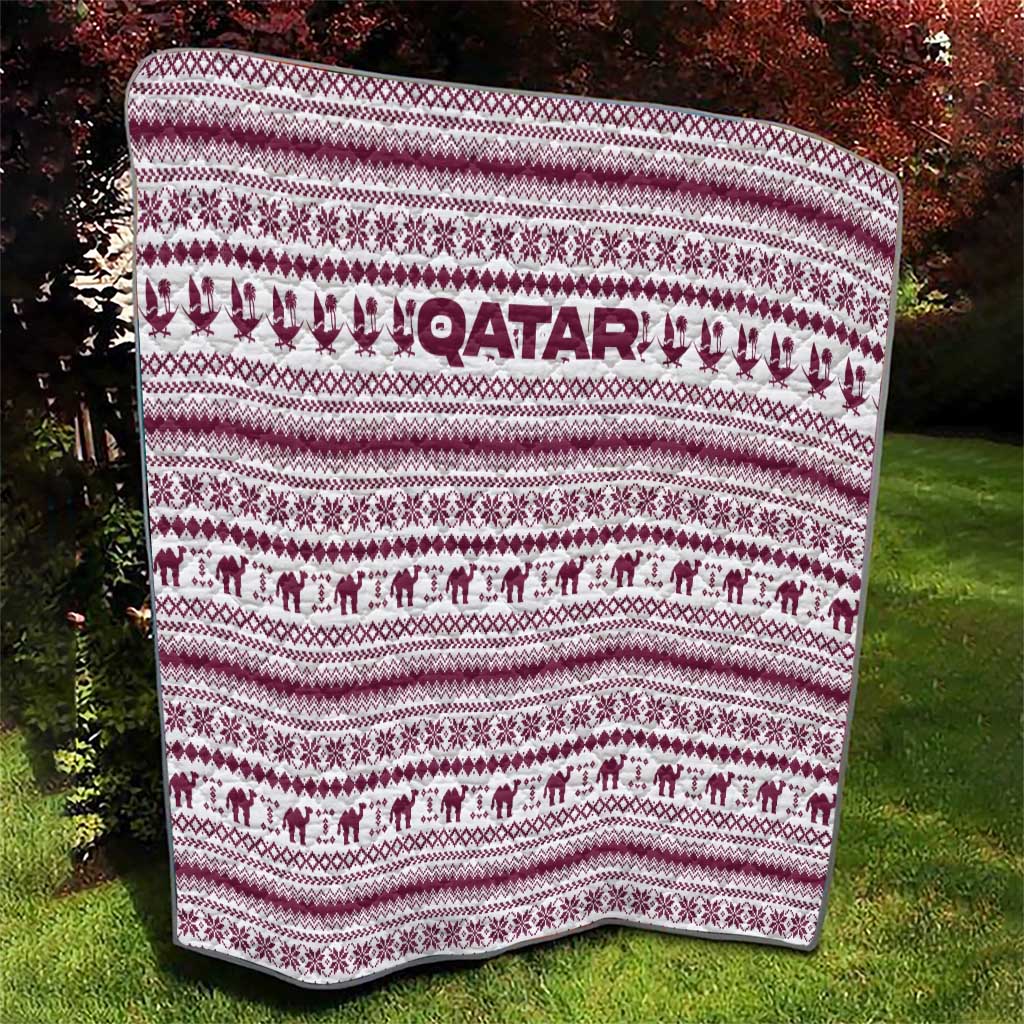 Qatar Christmas Quilt with Maroon-White Pattern, National Emblem, and Camel Motif - Wonder Print Shop