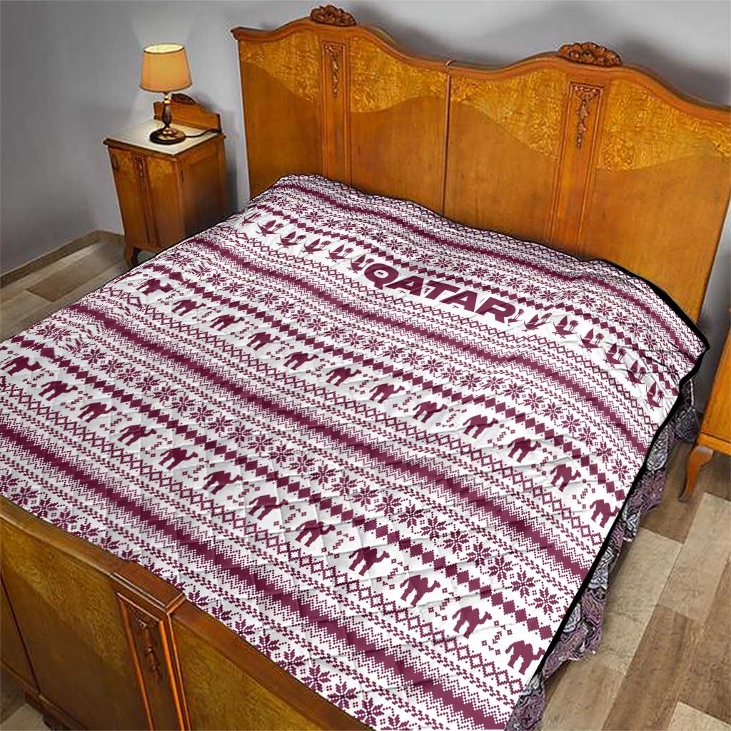 Qatar Christmas Quilt with Maroon-White Pattern, National Emblem, and Camel Motif - Wonder Print Shop