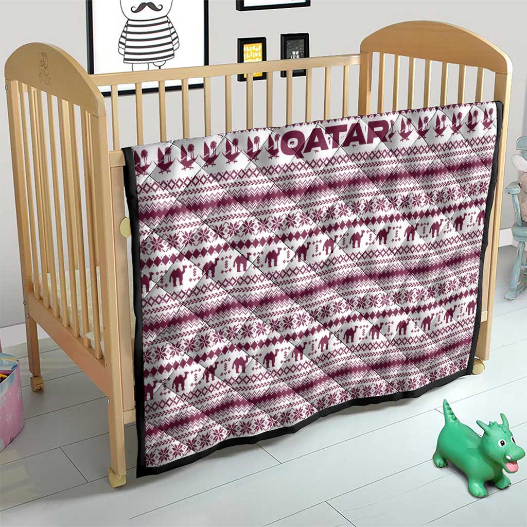 Qatar Christmas Quilt with Maroon-White Pattern, National Emblem, and Camel Motif - Wonder Print Shop