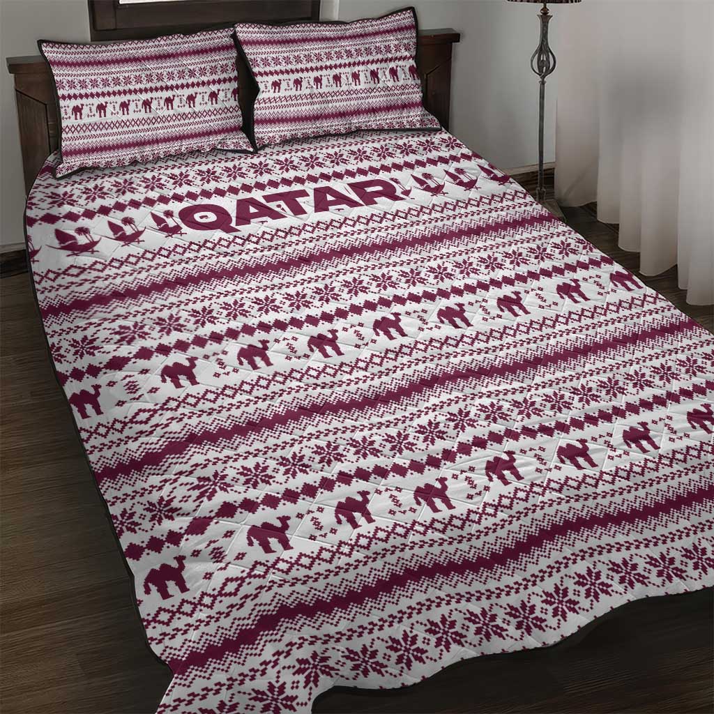 Qatar Christmas Quilt Bed Set with Maroon-White Pattern, National Emblem, and Camel Motif - Wonder Print Shop