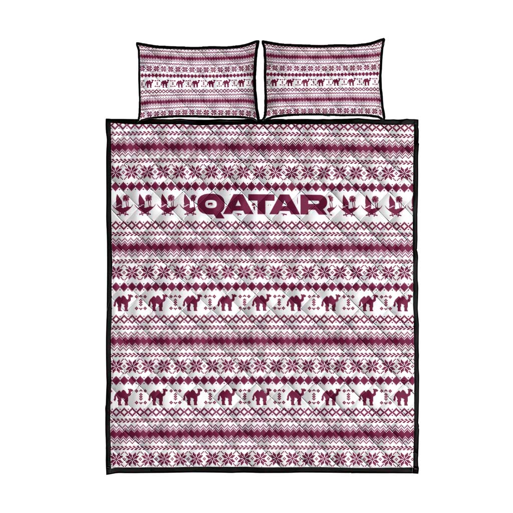 Qatar Christmas Quilt Bed Set with Maroon-White Pattern, National Emblem, and Camel Motif - Wonder Print Shop