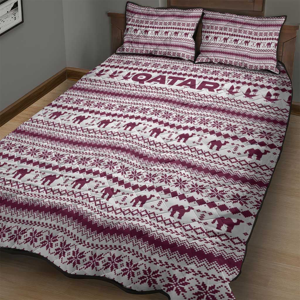 Qatar Christmas Quilt Bed Set with Maroon-White Pattern, National Emblem, and Camel Motif - Wonder Print Shop