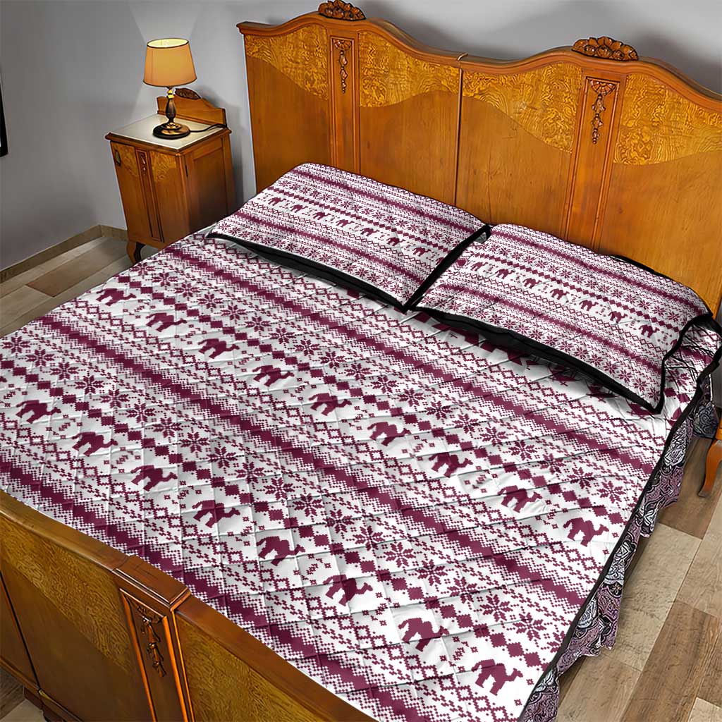 Qatar Christmas Quilt Bed Set with Maroon-White Pattern, National Emblem, and Camel Motif - Wonder Print Shop