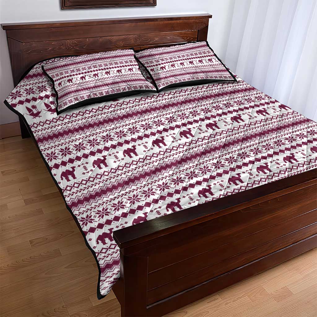 Qatar Christmas Quilt Bed Set with Maroon-White Pattern, National Emblem, and Camel Motif - Wonder Print Shop