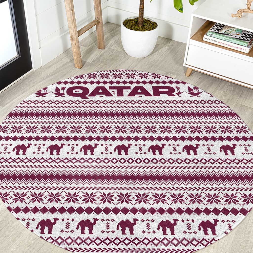 Qatar Christmas Round Carpet with Maroon-White Pattern, National Emblem, and Camel Motif - Wonder Print Shop