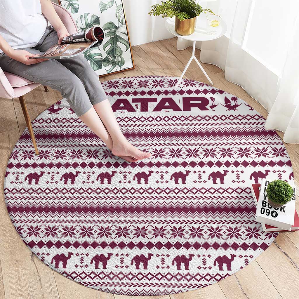 Qatar Christmas Round Carpet with Maroon-White Pattern, National Emblem, and Camel Motif - Wonder Print Shop