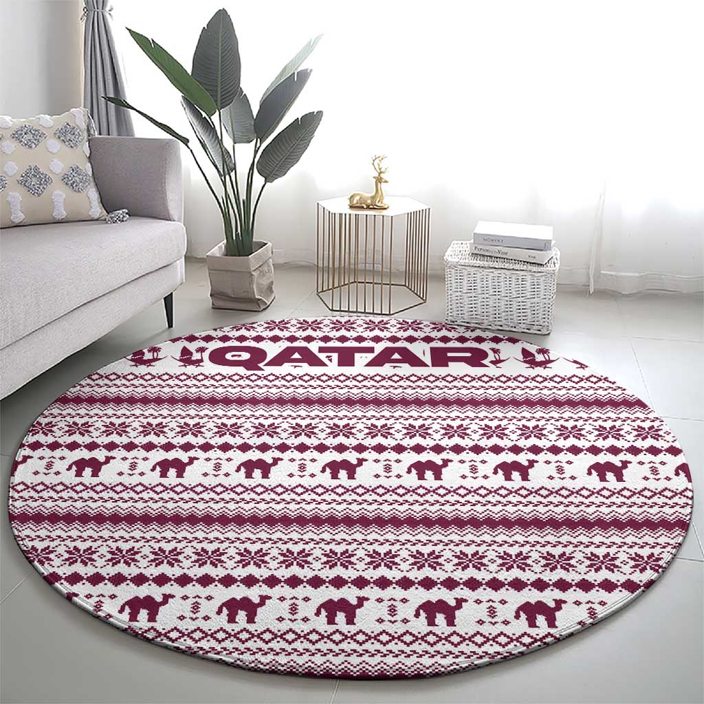 Qatar Christmas Round Carpet with Maroon-White Pattern, National Emblem, and Camel Motif - Wonder Print Shop