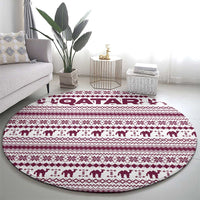 Qatar Christmas Round Carpet with Maroon-White Pattern, National Emblem, and Camel Motif - Wonder Print Shop