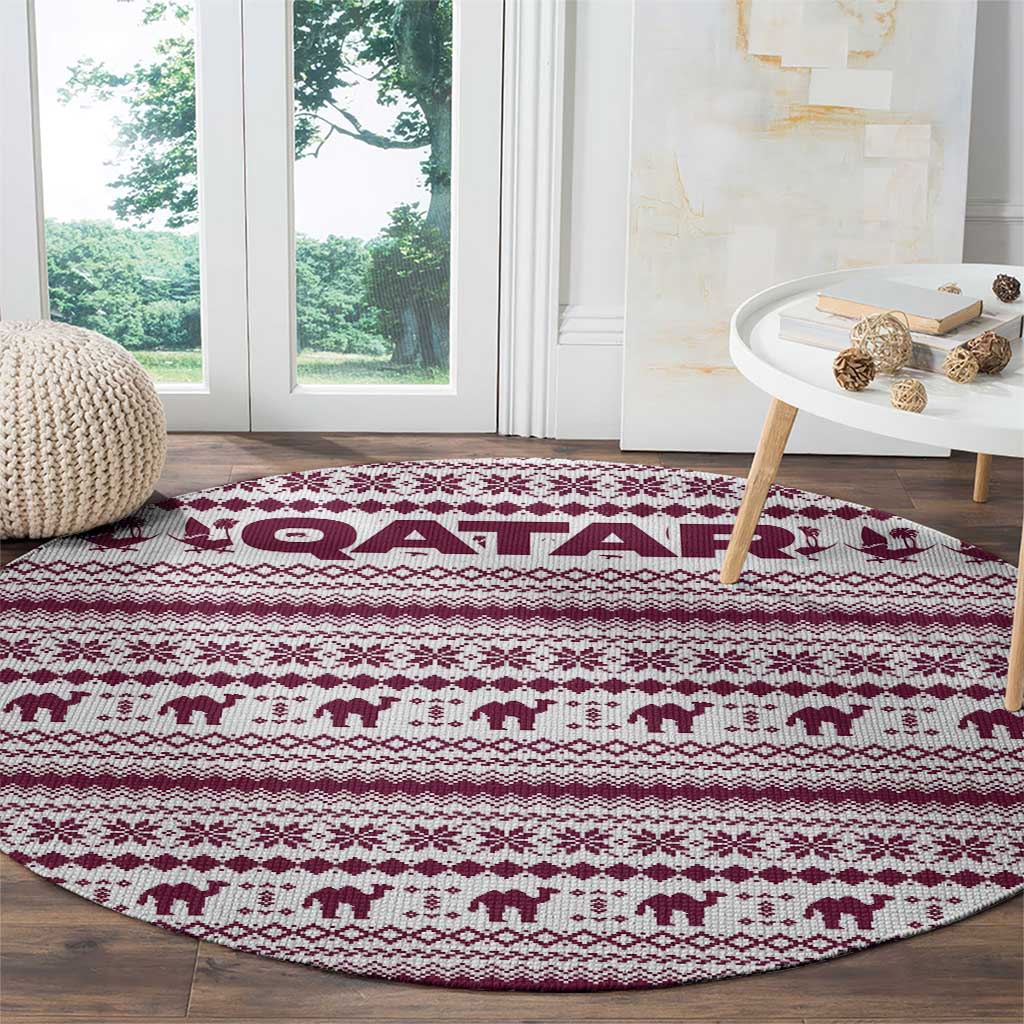 Qatar Christmas Round Carpet with Maroon-White Pattern, National Emblem, and Camel Motif - Wonder Print Shop